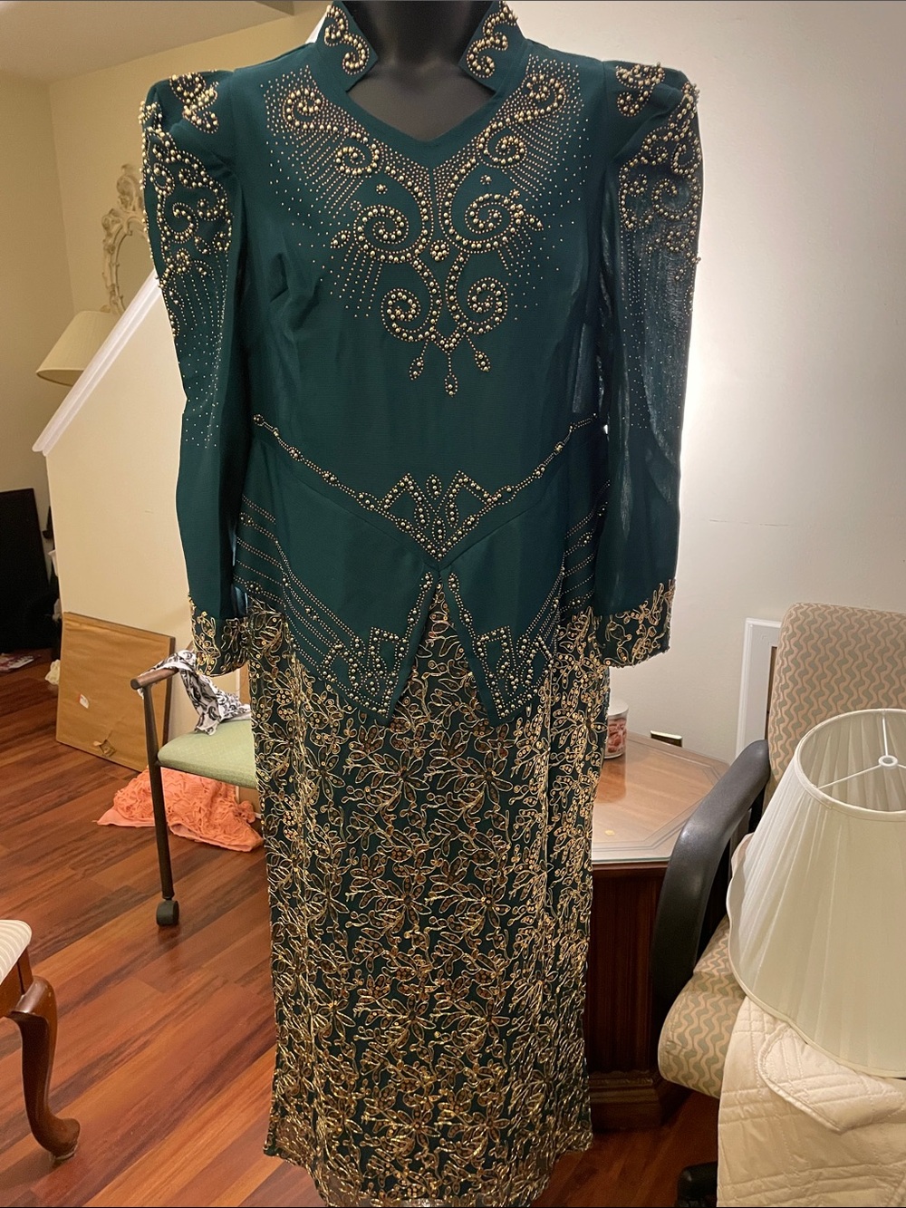 STRETCH KNIT BEADED JACKET& Attached SEQUIN SOUTACHE MAXI SKIRT 1-2X